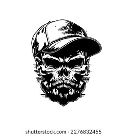 A cool and edgy Hand drawn illustration of a skull with a gangster vibe, sporting a casual hat and style. Perfect for a rebellious design