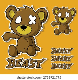 Una ilustración de mascota de osito de peluche fresco y vanguardista con tipografía "BESTIA". Con un estilo callejero grunge con detalles de ojos "X". Perfecto para ropa urbana, logotipos de juegos, pegatinas y diseño de prendas de vestir. Gráficos de Vector de alta calidad.