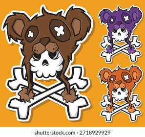 A cool and edgy vector illustration featuring a cartoon skull wearing a bear-shaped trapper hat with crossbones. Perfect for stickers, t-shirt prints, streetwear designs, and gaming mascots. Includes three vibrant color variations.
