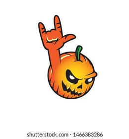 A cool and edgy vector mascot featuring an evil-grinning Halloween pumpkin (Jack O' Lantern) performing the iconic "rock on" or metal horns hand gesture. The design combines vibrant orange and green colors with bold black outlines, symbolizing a rebellious and energetic festive spirit. This striking illustration is perfect for rock concert posters, Halloween party branding, heavy metal apparel, themed stickers, and edgy social media content.