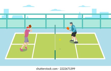 Cool editable vector flat of pickleball match game in a court