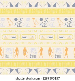 Cool egypt writing seamless pattern. Hieroglyphic egyptian language symbols template. Repeating ethnical fashion pattern for book or comics illustration.