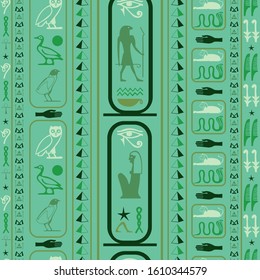 Cool egypt writing seamless pattern. Hieroglyphic egyptian language symbols tile. Repeating ethnical fashion backdrop for brochure or booklet.