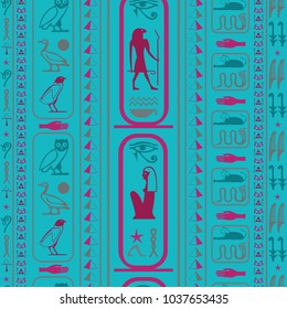 Cool egyptian motifs seamless background. Ethnic hieroglyph symbols grid. Repeating ethnical fashion backdrop for wallpaper.