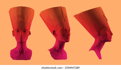 Cool Egyptian Queen Nefertiti. Set of Gradient Cleopatra Sculptures on Dark Background. Low Poly Vector 3D Rendering