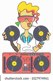 Cool eighties style girl with oversized sunglasses standing at DJ mixer table holding two vinyl records, colorful vector print design isolated on white background