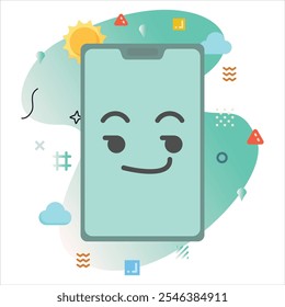 Cool Elated Emoji em uma tela de Smartphone: Design de Ilustração Moderno com um toque criativo de elementos geométricos coloridos | Cool Elated Emoji Icon Design na tela do Smartphone