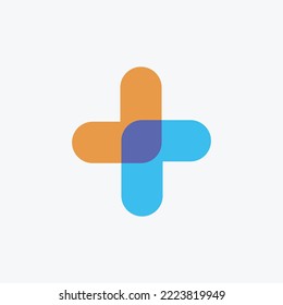 Cool and elegant orange and blue colored plus sign logo. Logo with overlapping shapes. Suitable for charity, hospital, business, industry, apps, and company.