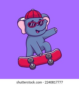 Cool Elephant Playing Skateboard Cartoon Vector Icons Illustration. Flat Cartoon Concept. Suitable for any creative project.