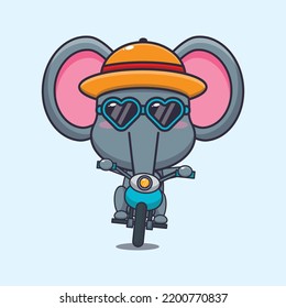 Cool elephant with sunglasses riding a motorcycle in summer day.