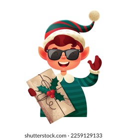 Cool elf with present. Sticker for social networks and messengers. Fictional character with package and present, surprise. Positivity and optimism, fairy tale. Cartoon flat vector illustration