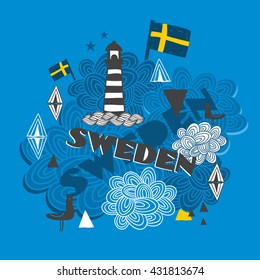 Cool emblem with swedish symbols. Vector illustration.