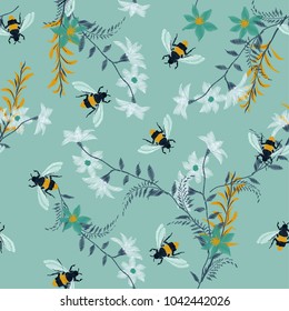 A cool Embroidery honey bee,with wild flowers  many kind of florals Seamless pattern vector backdrop. Trendy art colorful on lgreen mint color background.
