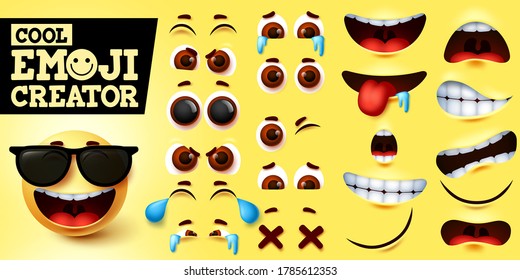 Conjunto vectorial de creador de emojis genial. Fabricante de emoticonos en la cara fresca feliz con gafas de sol y expresión facial editable para el elemento de diseño emoticono. Ilustración del vector