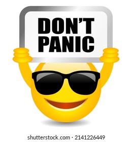 Cool emoji holding sign don't panic, vector clipart on white background