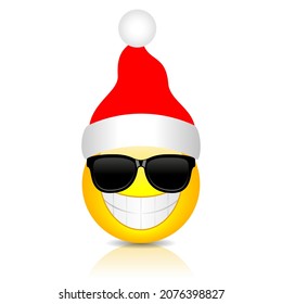 Cool emoji with red Christmas hat, vector santa emoji flat illustration on white background