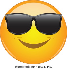 Cool emoji in shades. Yellow smiling face emoticon wearing sunglasses. Expression of being cool, happy, smiling.	