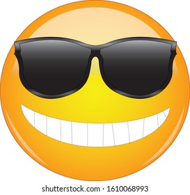 Cool emoji in sunglasses. Yellow smiling face emoticon wearing sunglasses and having wide smile showing all teeth. Expression of being cool, awesome, happy, smiling and enjoying life.