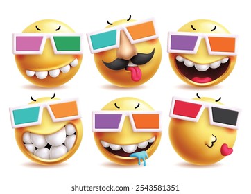 Conjunto de personajes de Vector emoji. Personaje de emojis con gafas de sol 3d disfrazado de hombre viejo divertido, travieso, feliz, divertido, babeando y beso emoticonos arte de Clip expresiones faciales. Ilustración vectorial 