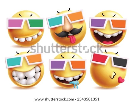 Cool emoji vector characters set. Emojis character wearing 3d sunglasses costume in funny, naughty old man, happy, funny, drooling and kiss emoticons clip art facial expressions. Vector illustration 