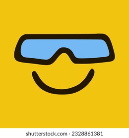 Cool emoticon with glasses in doodle style yellow background. Vector Illustration