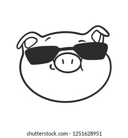 Cool emoticon icon. Emoji pig is wearing a black sunglasses.