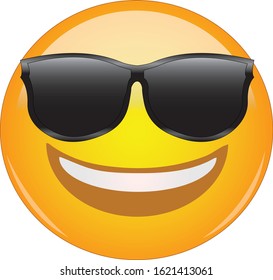 Cool emoticon in sunglasses. Awesome grinning face emoticon wearing shades and having a wide smile. Expression of being cool, happy, smiling, grinning, awesome.