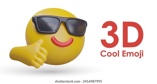 Cool emotion concept. 3D yellow emoticon in sunglasses showing thumbs up. Super dude, ganga style. Rest, relaxation. Vector illustration on white background