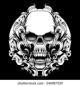 Cool Engraving Tattoo Print Design Street Fashion Swirl Filigree Skull Motif