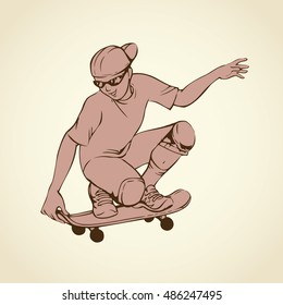Cool enjoy adolescent lad fast go on skate isolated on white background. Freehand outline ink hand drawn picture sketch in art retro cartoon doodle style pen on paper. View closeup with space for text