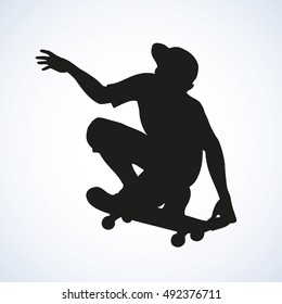 Cool enjoy adolescent lad fast go on skate isolated on white background. Black ink hand drawn picture sketch in art retro cartoon style pen on paper. View closeup with space for text on pavement