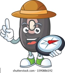 Cool Explorer black beans cartoon character with a compass