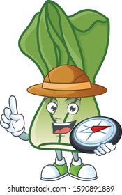 Cool Explorer bok choy cartoon character with a compass