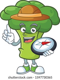 Cool Explorer green broccoli cartoon character with a compass