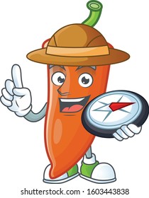 Cool Explorer orange chili cartoon character with a compass