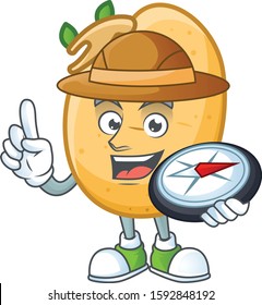 Cool Explorer sprouted potato tuber cartoon character with a compass