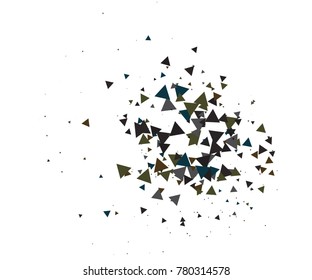 Cool Explosion, Broken Glass, Vector Grunge Blast, Falling Triangle Fragments, Dirty Shatter Concept. Mud, Burst, Boom, Bang Textured Background. Green, Brown Shatter Particles Isolated. Moving Galaxy