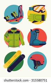 Cool extreme sport snowboard winter activity round icons, vector in flat design featuring boots, jacket, goggles, gloves, helmet and bindings. Ideal for snowboarding themed graphic and web design