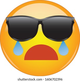 Cool Face Emoji Crying. Yellow face with a sad open mouth and of flowing from eyes hidden behind sunglasses. Expression of overwhelming grief and sadness, crying and depression.