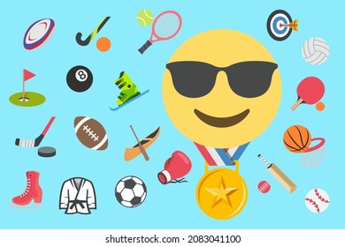 cool face emoji with gold medal amid sports icons pattern on light blue background,vector illustration