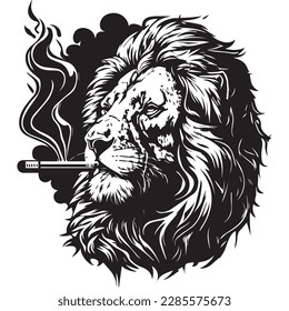 Cool face lion smoking cigarette mascot. black white line art vector illustration svg
