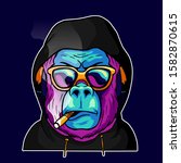 Cool face monkey smoke cigarette wear a glasses and hoodie jacket vector illustration. Pop art color animal gorilla head creative character mascot logo design