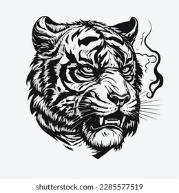 Cool face tiger smoking cigarette mascot. black white line art vector illustration