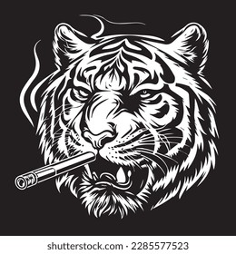 Cool face tiger smoking cigarette mascot. black white line art vector illustration