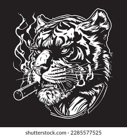 Genial mascota de cigarrillos que fuma tigre. ilustración vectorial de línea blanca negra