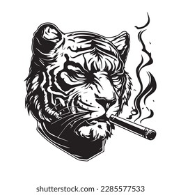 Cool face tiger smoking cigarette mascot. black white line art vector illustration