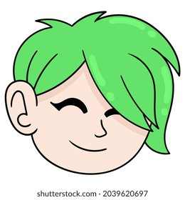cool faced boy smiling green haired, vector illustration carton emoticon. doodle icon drawing