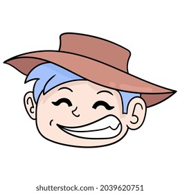 chico de la cara genial con un vaquero que simpatiza con la cara sonriente, emoticono de caja de ilustraciones vectoriales. dibujo de icono de garabato