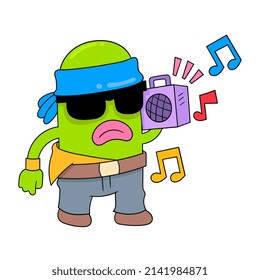 cool faced rapper creature brings a music player, vector illustration art. doodle icon image kawaii.