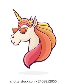 Cool fairytale unicorn in sunglasses. Magic horse. Vector illustration. Hand drawn cartoon clip art with outline. Isolated on white background